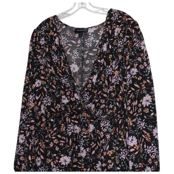 Lane Bryant Long Sleeve Elastic Cuffs Peplum Blouse Shirt Sz 22/24 Black Floral - Picture 2 of 7